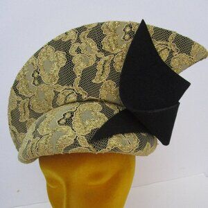 Dramatic Gold Lace Calot Helmet Hat Church Races Wedding